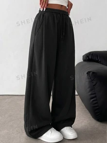 SHEIN Reset Phase 青少年女孩休閒寬鬆基礎街頭風高級紋理寬腿褲，附口袋，秋季運動校園黑色 - 黑色 - 查看 4