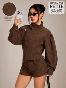 SHEIN PETITE Brown Corduroy Women's Jacket And Shorts Casual Set - Brown - View 1