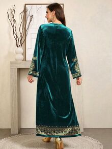SHEIN Najma 女款大尺碼佩斯利花卉印花橄欖綠長洋裝，復古V領長袖優雅端莊鑽絨阿拉伯風秋季晚宴裙 - 彩色 - 查看 2
