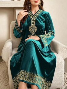 SHEIN Najma 女款大尺碼佩斯利花卉印花橄欖綠長洋裝，復古V領長袖優雅端莊鑽絨阿拉伯風秋季晚宴裙 - 彩色 - 查看 6