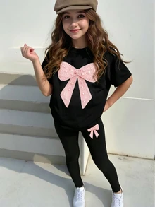 青少年女孩黑色粉色2件套套裝，可愛秋季返校亮面仿珍珠蝴蝶結印花T恤內搭褲套裝，假日酷女孩生日禮物 - 彩色 - 查看 5