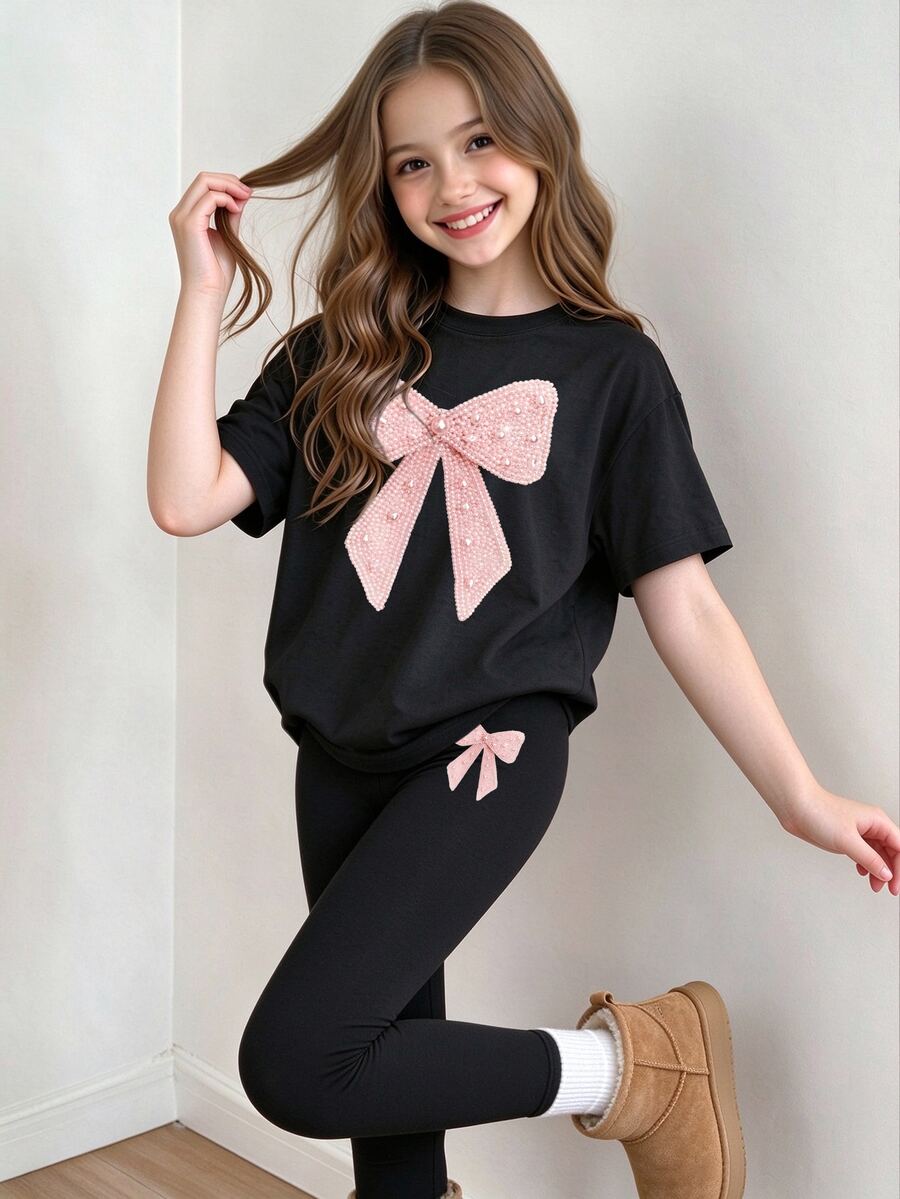 青少年女孩黑色粉色2件套套裝，可愛秋季返校亮面仿珍珠蝴蝶結印花T恤內搭褲套裝，假日酷女孩生日禮物