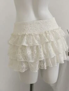 Elamini 2026 New Lace Midi Skirt: Double-Layer Ruffled Design For Everyday, Party, And Date Outfits – Versatile Beige With Pleats For Autumn And Winter - Apricot - View 2