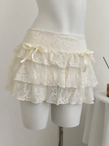 Elamini 2026 New Lace Midi Skirt: Double-Layer Ruffled Design For Everyday, Party, And Date Outfits – Versatile Beige With Pleats For Autumn And Winter - Apricot - View 3