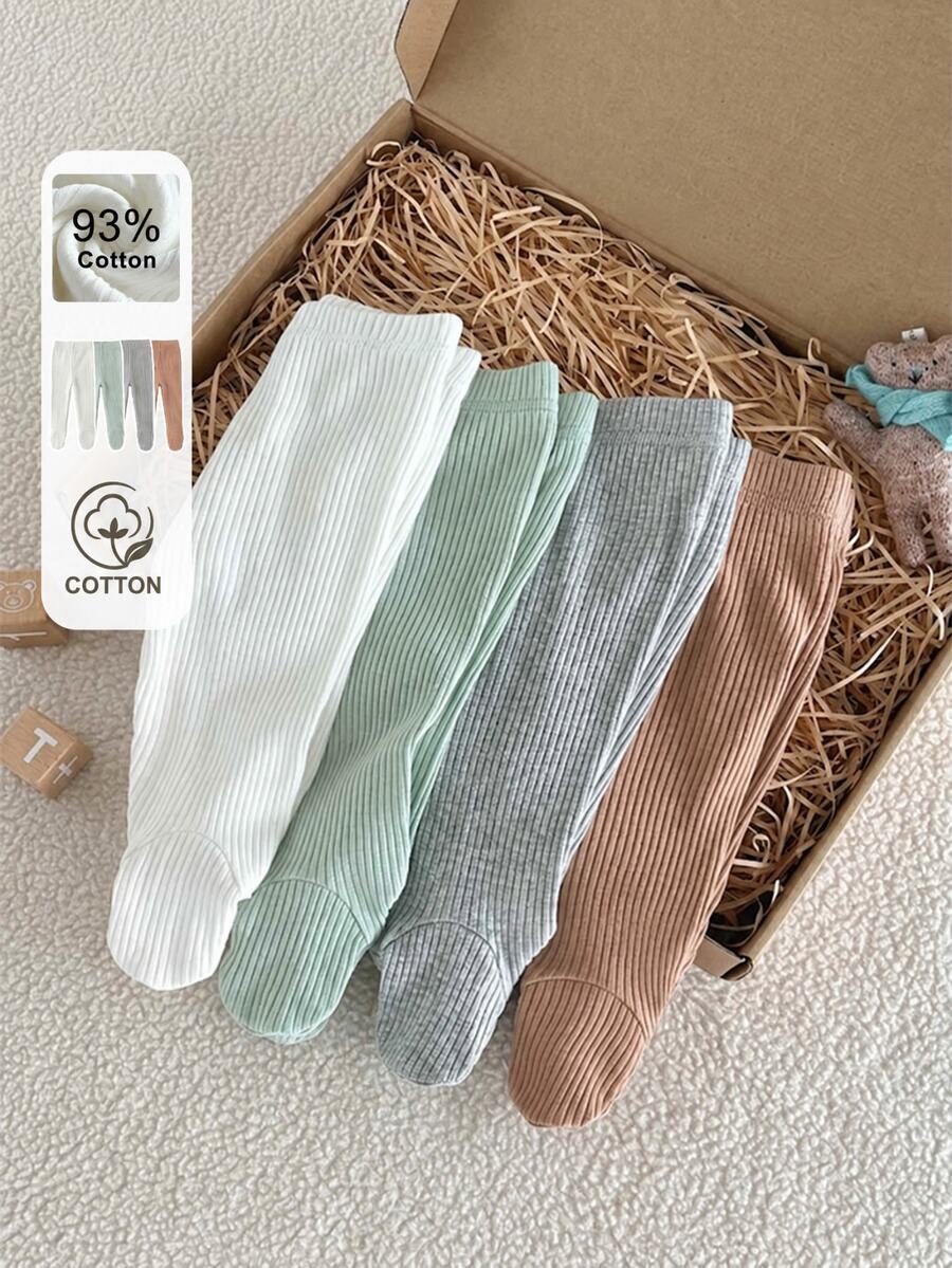 SHEIN 4pcs/Pack Newborn Baby Soft Skin-Friendly Elastic Ribbed Knit Fabric Footies, Spring Summer Autumn Winter, Cute Sweet Minimalist Versatile Elastic Easy To Put On And Take Off, High Cost-Performance, Suitable For Outings, Vacations, Daily Wear, Spring Summer New Style, Baby Girl Clothing Pants Set - Multicolor - View 1
