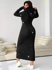 Solflare Plus Size Women's Solid Color Shiny Long Sleeve Side Slit Hem Drawstring Hooded Casual Sexy Dress Fall Lounge Night Black - Black - View 2