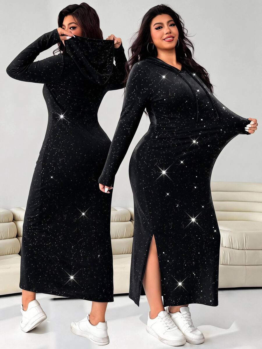 Solflare Plus Size Women's Solid Color Shiny Long Sleeve Side Slit Hem Drawstring Hooded Casual Sexy Dress Fall Lounge Night Black - Black - View 1