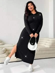 Solflare Plus Size Women's Solid Color Shiny Long Sleeve Side Slit Hem Drawstring Hooded Casual Sexy Dress Fall Lounge Night Black - Black - View 3