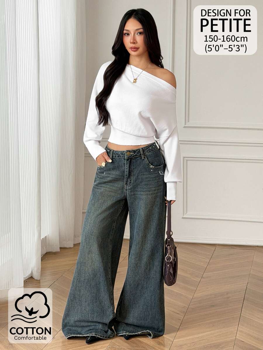 SHEIN PETITE 女款白色棉混紡休閒/工作穿搭毛衣(小碼版型) - 白色 - 查看 1