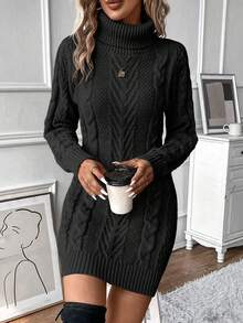 SHEIN Women's Solid Color Minimalist High Neck Long Sleeve Sweater Dress Fall Winter Cloth For Women - Black - View 8