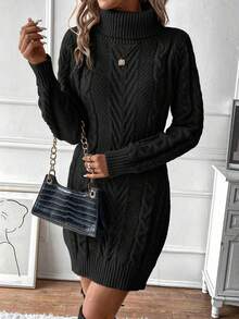 SHEIN Women's Solid Color Minimalist High Neck Long Sleeve Sweater Dress Fall Winter Cloth For Women - Black - View 7