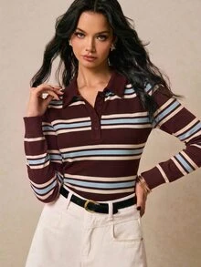 Poéselle 女款條紋鈕扣半開襟長袖T恤，休閒基礎上衣，適合上班、外出，秋冬款 - 彩色 - 查看 4