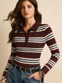 Poéselle 女款條紋鈕扣半開襟長袖T恤，休閒基礎上衣，適合上班、外出，秋冬款 - 彩色 - 查看 9
