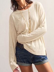Bohemela Women's Solid Color Crew Neck Drop Shoulder Long Sleeve Casual T-Shirt - Apricot - View 2