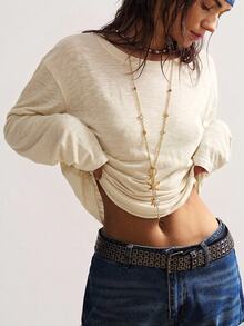 Bohemela Women's Solid Color Crew Neck Drop Shoulder Long Sleeve Casual T-Shirt - Apricot - View 1
