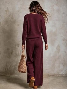 SHEIN Minimalist Casual Commuter Knit Set, Dropped Shoulder Long Sleeve Top High Waist Straight Wide Leg Pants Lounge Everyday Fall - Burgundy - View 2