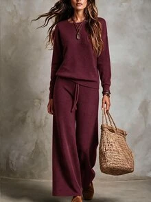 SHEIN Minimalist Casual Commuter Knit Set, Dropped Shoulder Long Sleeve Top High Waist Straight Wide Leg Pants Lounge Everyday Fall - Burgundy - View 7