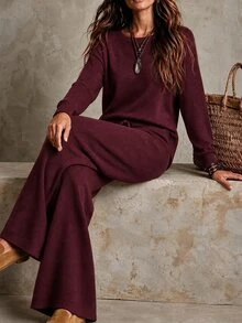 SHEIN Minimalist Casual Commuter Knit Set, Dropped Shoulder Long Sleeve Top High Waist Straight Wide Leg Pants Lounge Everyday Fall - Burgundy - View 6