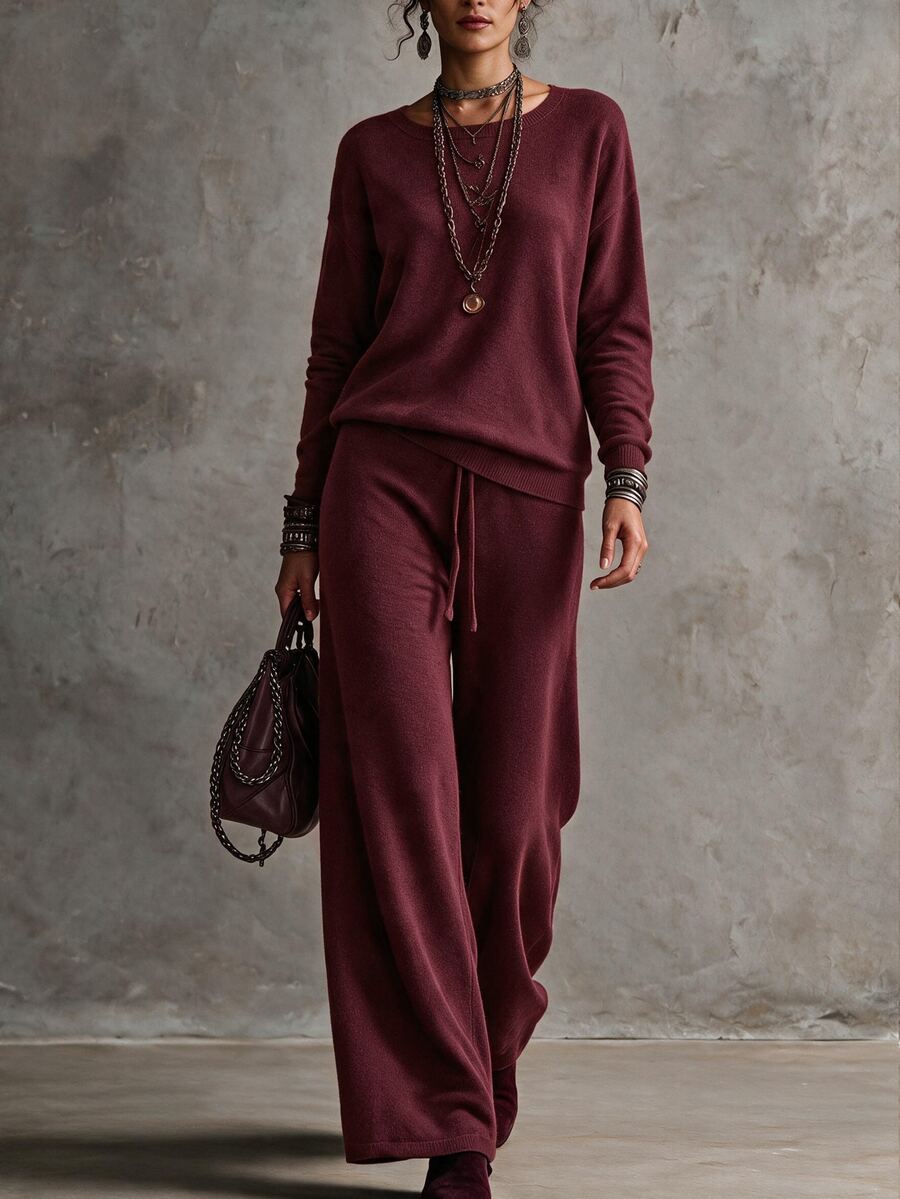 SHEIN Minimalist Casual Commuter Knit Set, Dropped Shoulder Long Sleeve Top High Waist Straight Wide Leg Pants Lounge Everyday Fall - Burgundy - View 1