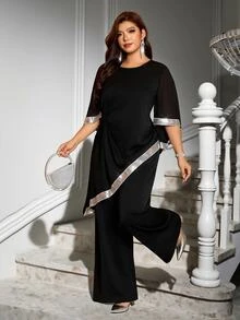 Reflora 大尺碼女款拼色圓領喇叭袖不對稱下擺上衣寬腿褲優雅兩件套 婚禮賓客晚宴黑色秋季 - 黑色 - 查看 6