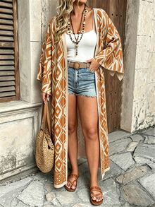 Ceyna Plus Size Women's Elegant Casual Multi-Color Bohemian Style Paisley Pattern Open Front Long Sleeve Long Cardigan Going Out Wedding Guest Cream Fall - Brown - View 5