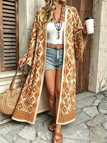 Ceyna Plus Size Women's Elegant Casual Multi-Color Bohemian Style Paisley Pattern Open Front Long Sleeve Long Cardigan Going Out Wedding Guest Cream Fall - Brown - View 4