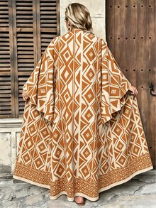 Ceyna Plus Size Women's Elegant Casual Multi-Color Bohemian Style Paisley Pattern Open Front Long Sleeve Long Cardigan Going Out Wedding Guest Cream Fall - Brown - View 2