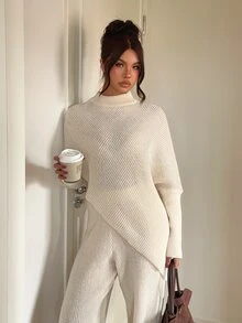 Aloruh Women's Elegant Turtle Neck Asymmetrical Sweater 2 Pieces Set,Winter Set,Winter Outfit For Women ,Setup Autumn Winter Women ,Fall/Winter Sets - Apricot - View 5