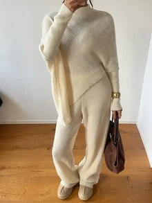 Aloruh Women's Elegant Turtle Neck Asymmetrical Sweater 2 Pieces Set,Winter Set,Winter Outfit For Women ,Setup Autumn Winter Women ,Fall/Winter Sets - Apricot - View 6