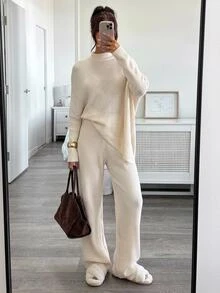 Aloruh Women's Elegant Turtle Neck Asymmetrical Sweater 2 Pieces Set,Winter Set,Winter Outfit For Women ,Setup Autumn Winter Women ,Fall/Winter Sets - Apricot - View 3