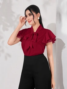 Modelyn 女士纯色荷叶边系带短袖优雅衬衫 - 酒紅色 - 查看 6