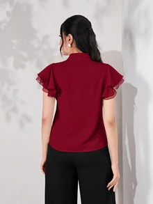Modelyn 女士纯色荷叶边系带短袖优雅衬衫 - 酒紅色 - 查看 4