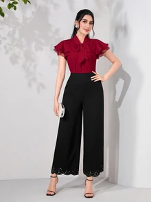 Modelyn 女士纯色荷叶边系带短袖优雅衬衫 - 酒紅色 - 查看 5