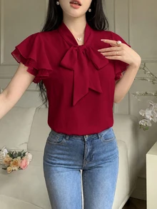 Modelyn 女士纯色荷叶边系带短袖优雅衬衫 - 酒紅色 - 查看 3