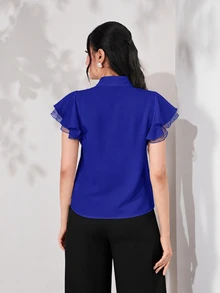 Modelyn 女士纯色系带荷叶边袖优雅时尚衬衫 - 藍色 - 查看 4