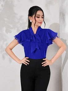 Modelyn 女士纯色系带荷叶边袖优雅时尚衬衫 - 藍色 - 查看 9