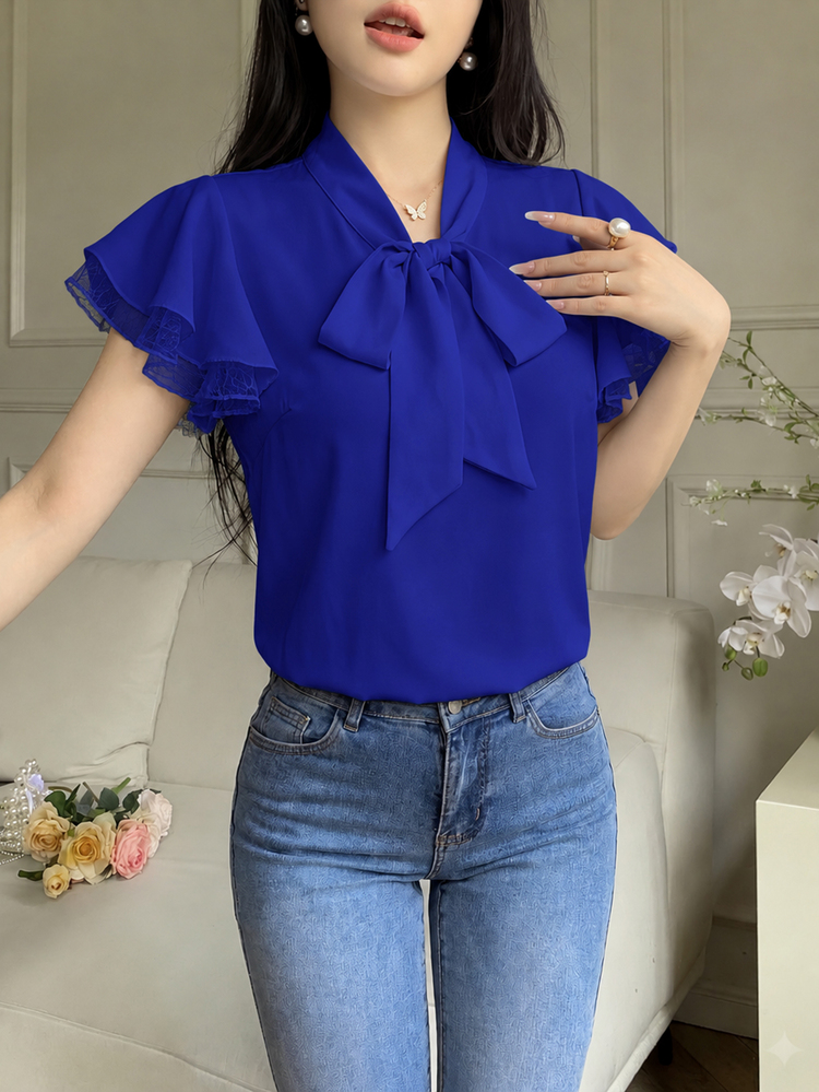 Modelyn Women Solid Color Tie-Neck Frill Sleeve Elegant Fashion Blouse Blue - Blue - View 6