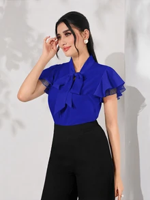 Modelyn 女士纯色系带荷叶边袖优雅时尚衬衫 - 藍色 - 查看 6