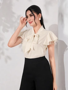 Modelyn 女士純色緞帶領口優雅網紗拼接雪紡襯衫 - 杏色 - 查看 6