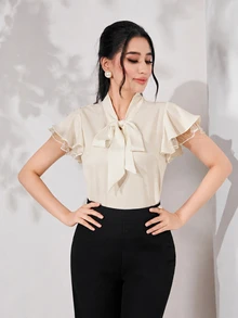 Modelyn 女士純色緞帶領口優雅網紗拼接雪紡襯衫 - 杏色 - 查看 9