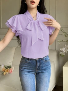 Modelyn 女士纯色系带领荷叶袖优雅衬衫 - 紫色 - 查看 6