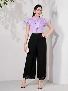 Modelyn 女士纯色系带领荷叶袖优雅衬衫 - 紫色 - 查看 4