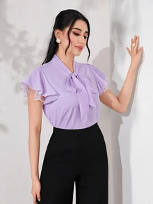 Modelyn 女士纯色系带领荷叶袖优雅衬衫 - 紫色 - 查看 7