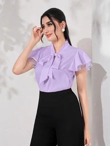 Modelyn 女士纯色系带领荷叶袖优雅衬衫 - 紫色 - 查看 5