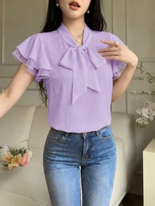 Modelyn 女士纯色系带领荷叶袖优雅衬衫 - 紫色 - 查看 2