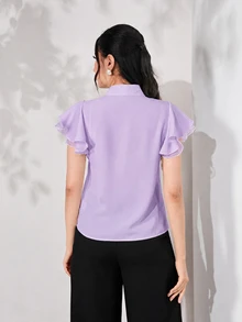 Modelyn 女士纯色系带领荷叶袖优雅衬衫 - 紫色 - 查看 3
