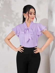 Modelyn 女士纯色系带领荷叶袖优雅衬衫 - 紫色 - 查看 8