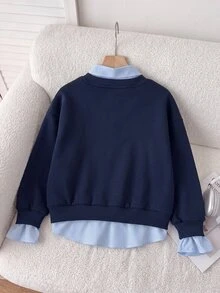 SHEIN Jubah Katun Anak Perempuan Warna Biru Tua dengan Motif Patchwork Garis-garis Biru dan Putih, Cocok untuk Kampus dan Aktivitas Sehari-hari di Musim Gugur, serta Gaya Busana Preppy Musim Dingin. - Navy Blue - View 3