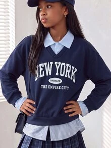 SHEIN Jubah Katun Anak Perempuan Warna Biru Tua dengan Motif Patchwork Garis-garis Biru dan Putih, Cocok untuk Kampus dan Aktivitas Sehari-hari di Musim Gugur, serta Gaya Busana Preppy Musim Dingin. - Navy Blue - View 9