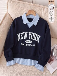 SHEIN Jubah Katun Anak Perempuan Warna Biru Tua dengan Motif Patchwork Garis-garis Biru dan Putih, Cocok untuk Kampus dan Aktivitas Sehari-hari di Musim Gugur, serta Gaya Busana Preppy Musim Dingin. - Navy Blue - View 4